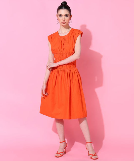 Vibrant Orange Sleeveless Smocked Waist Midi Dress