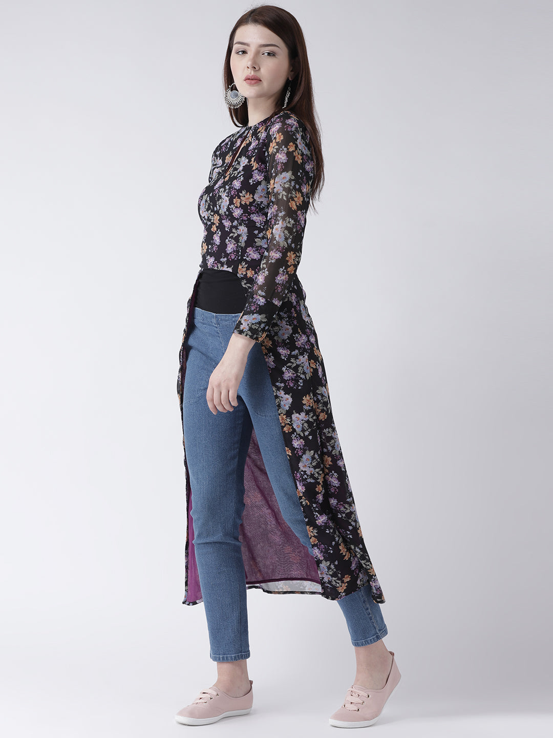 Women's Black Floral High-Low Kurta with Sheer Sleeves and Keyhole Neck