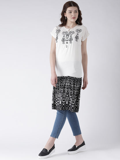 Women's White and Black Printed Short Sleeve Straight Kurta