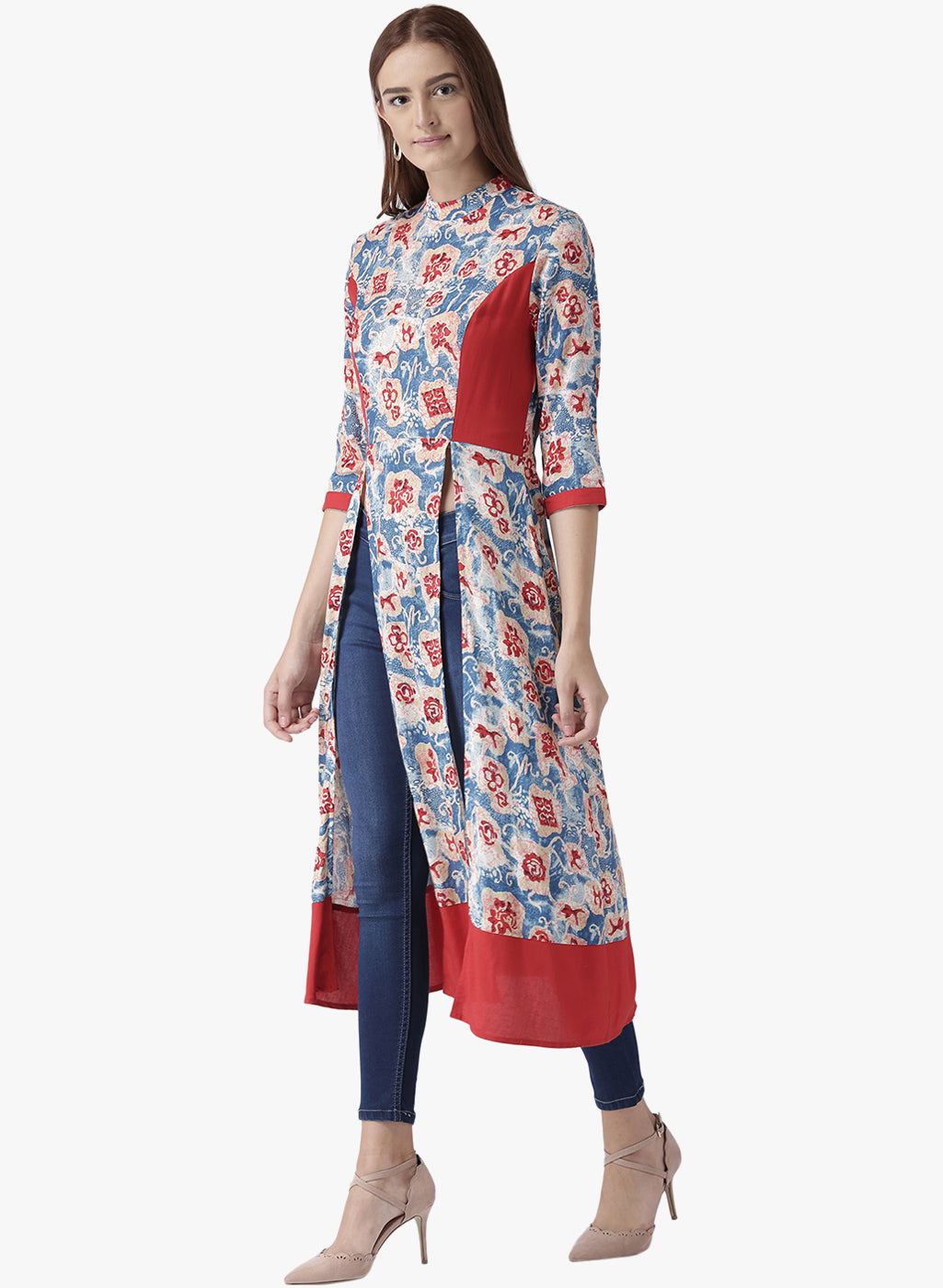 Women's Floral Print Front-Slit High-Low Kurta with Mandarin Collar