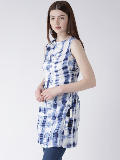Women's Sleeveless Indigo Tie-Dye Kurti with Side Drawstrings