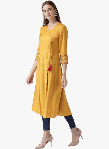 Women's Mustard Yellow A-Line Kurta with Tassel Tie-Up and 3/4th Sleeves
