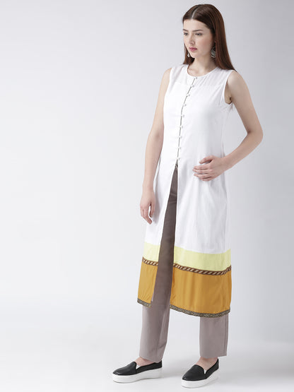 Women's Sleeveless White Long Kurta with Front Buttons and Color Block Hem