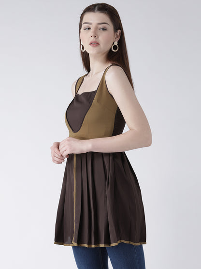 Women's Sleeveless Brown and Mustard Pleated Short Kurti for Casual Wear
