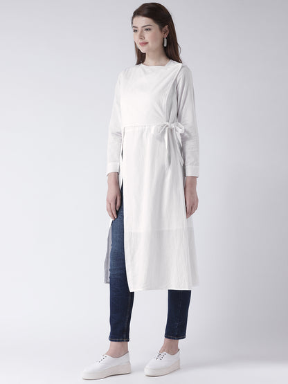 Women's White Solid Wrap Style Kurta with Side Tie and Long Sleeves