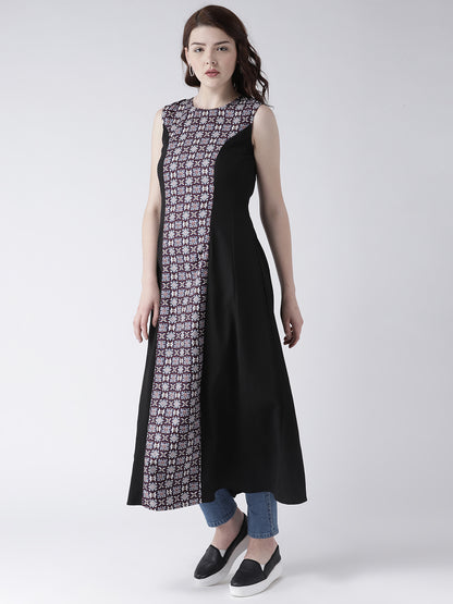 Women's Sleeveless Black Long Kurta with Printed Front Panel for Modern Ethnic Look