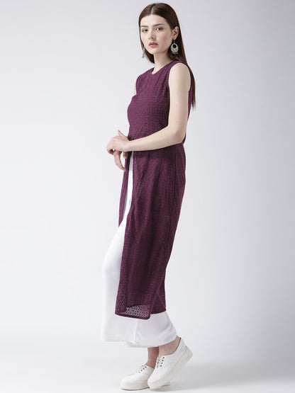 Women's Sleeveless Maroon Lace Long Kurta with Front Slit for Casual and Festive Wear