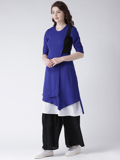 Women's Blue Layered Asymmetric Kurta with Black and White Colorblock Design
