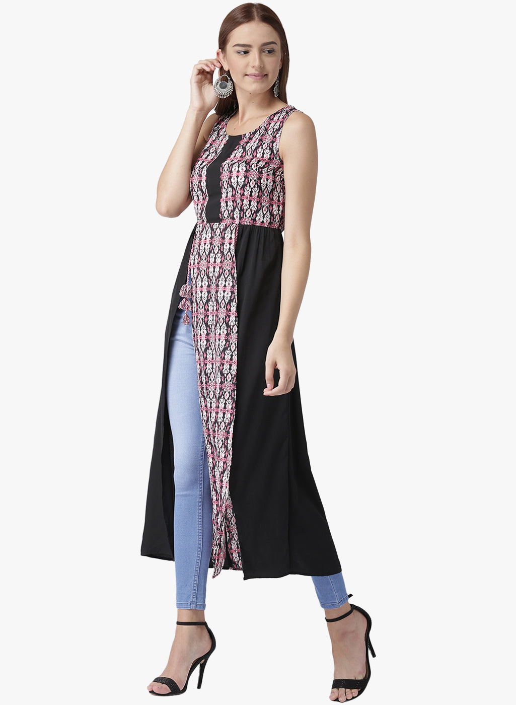 Women's Sleeveless Black and Pink Front Slit Long Kurta with Tassel Detail