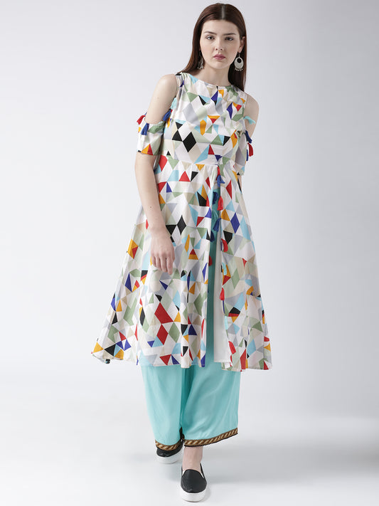 Women's Cold Shoulder Multicolor Geometric Print Kurta with Tassels