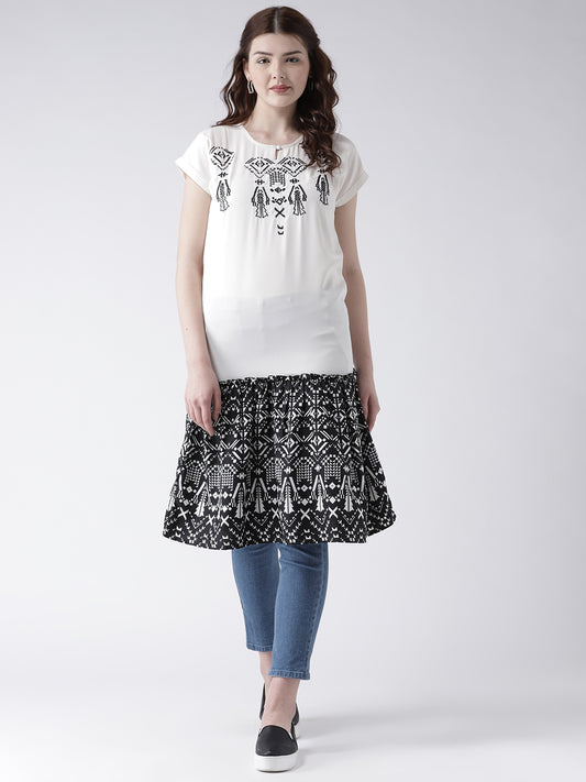 Women's White and Black Printed Short Sleeve Straight Kurta