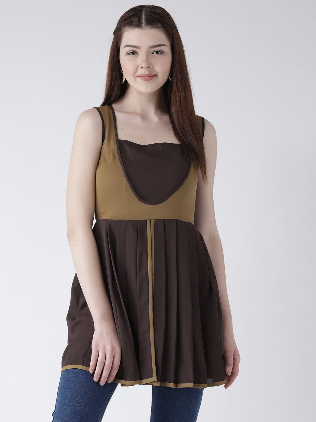 Women's Sleeveless Brown and Mustard Pleated Short Kurti for Casual Wear