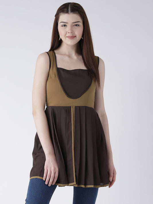 Women's Sleeveless Brown and Mustard Pleated Short Kurti for Casual Wear