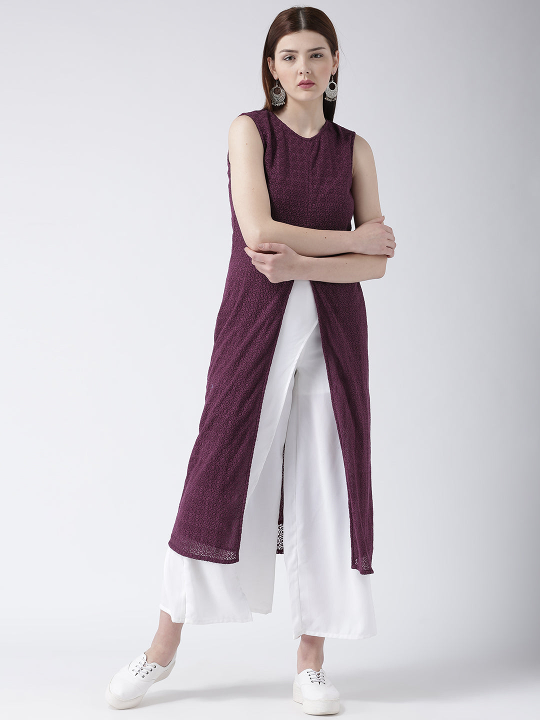 Women's Sleeveless Maroon Lace Long Kurta with Front Slit for Casual and Festive Wear