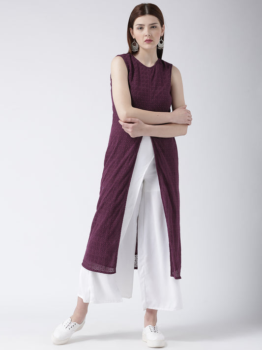 Women's Sleeveless Maroon Lace Long Kurta with Front Slit for Casual and Festive Wear