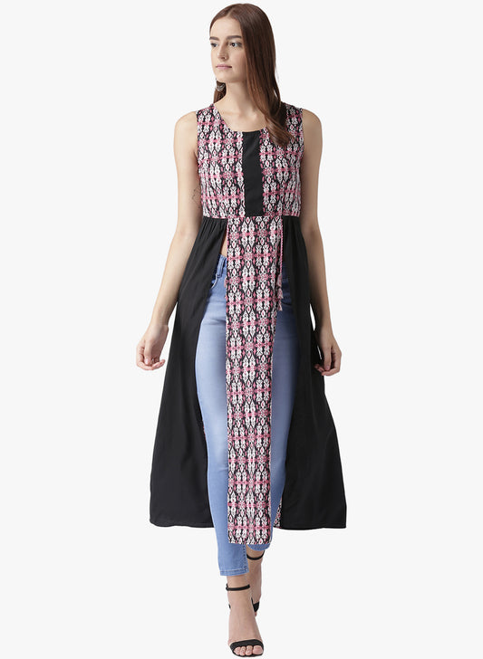 Women's Sleeveless Black and Pink Front Slit Long Kurta with Tassel Detail