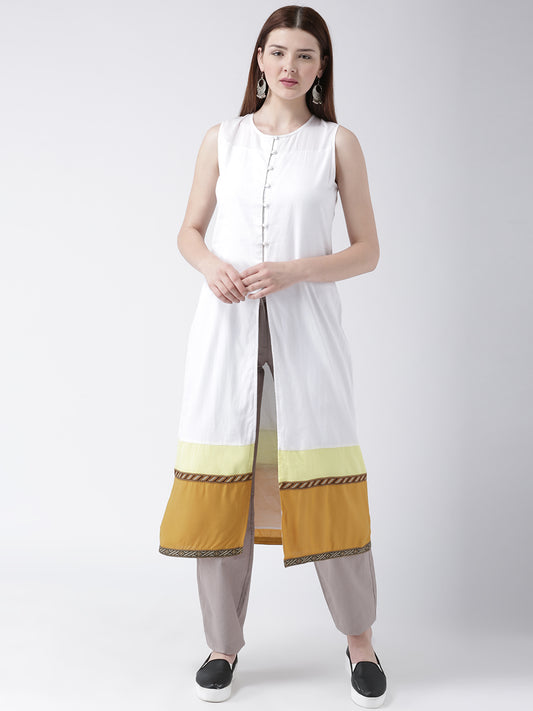 Women's Sleeveless White Long Kurta with Front Buttons and Color Block Hem