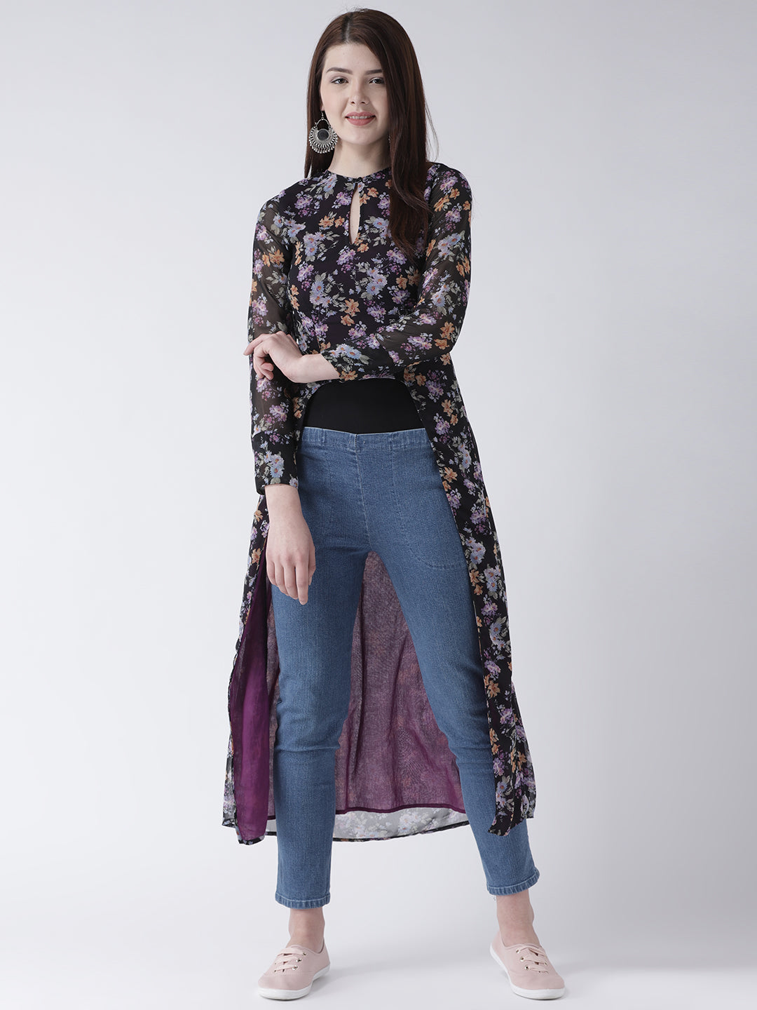 Women's Black Floral High-Low Kurta with Sheer Sleeves and Keyhole Neck