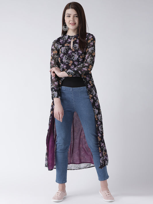Women's Black Floral High-Low Kurta with Sheer Sleeves and Keyhole Neck