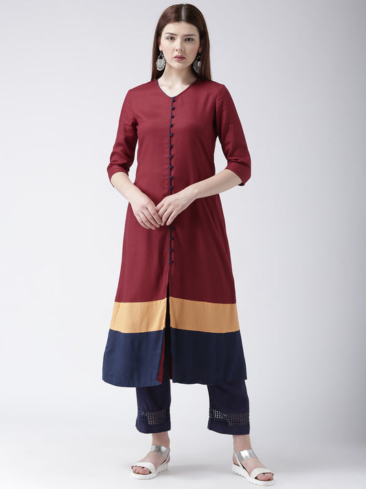 Women's Maroon Colorblock Straight Kurta with Front Button Detailing