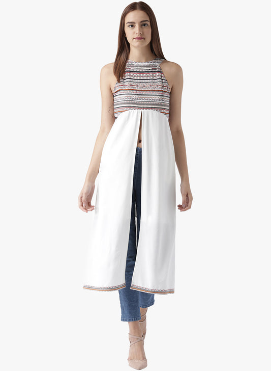 Women's Sleeveless Front Slit Ethnic Kurta in White with Printed Yoke