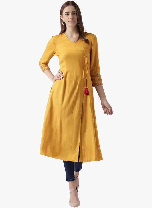 Women's Mustard Yellow A-Line Kurta with Tassel Tie-Up and 3/4th Sleeves