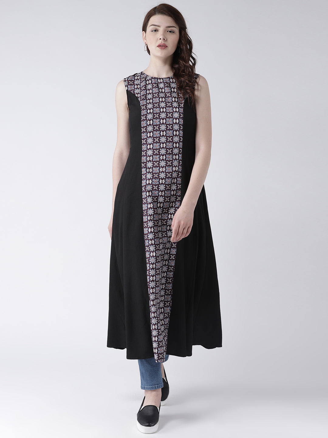 Women's Sleeveless Black Long Kurta with Printed Front Panel for Modern Ethnic Look