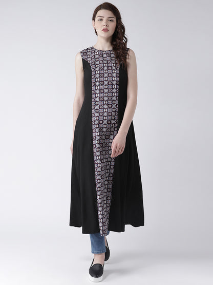 Women's Sleeveless Black Long Kurta with Printed Front Panel for Modern Ethnic Look