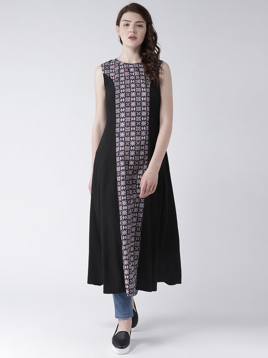 Women's Sleeveless Black Long Kurta with Printed Front Panel for Modern Ethnic Look