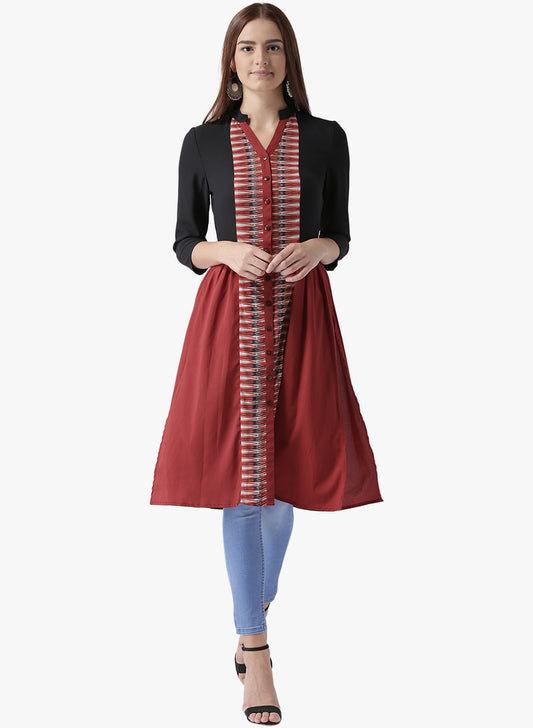 Women's Black and Maroon Front Slit Kurta with Printed Panel and Button Detailing