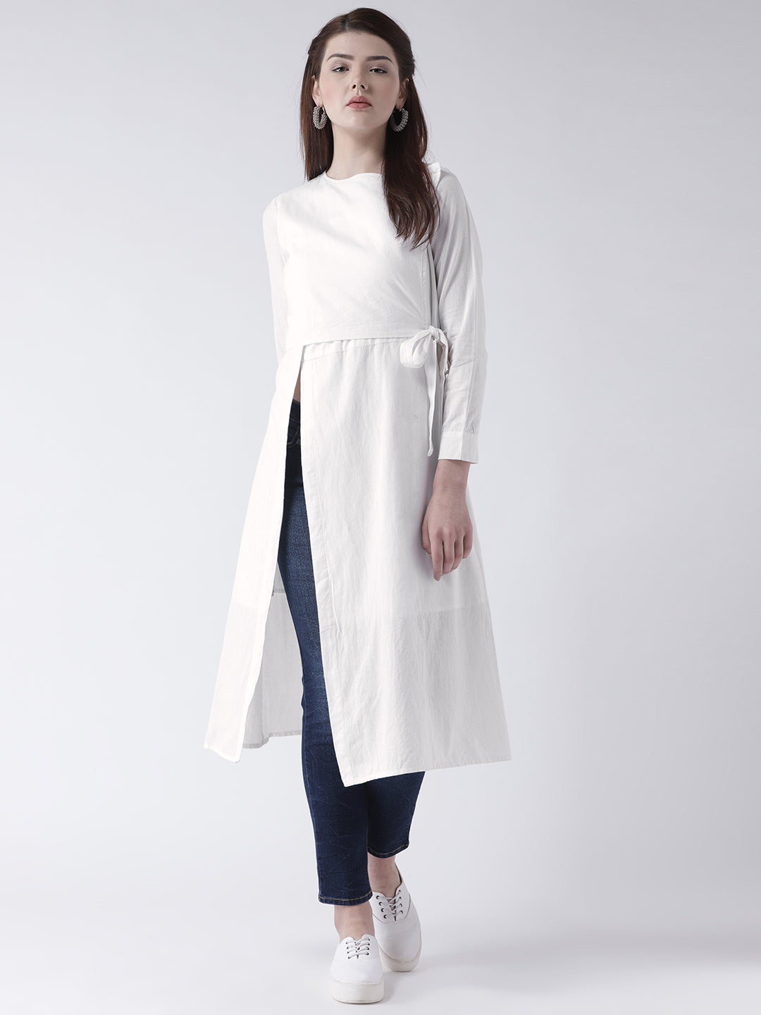 Women's White Solid Wrap Style Kurta with Side Tie and Long Sleeves