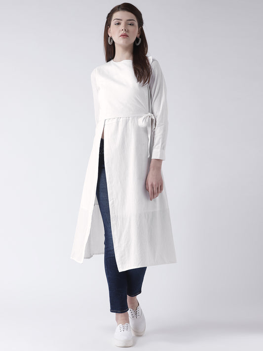 Women's White Solid Wrap Style Kurta with Side Tie and Long Sleeves