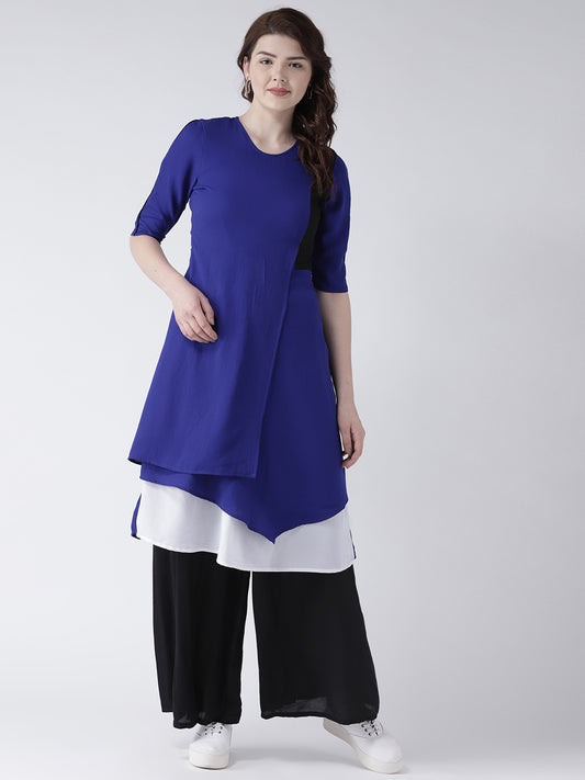 Women's Blue Layered Asymmetric Kurta with Black and White Colorblock Design