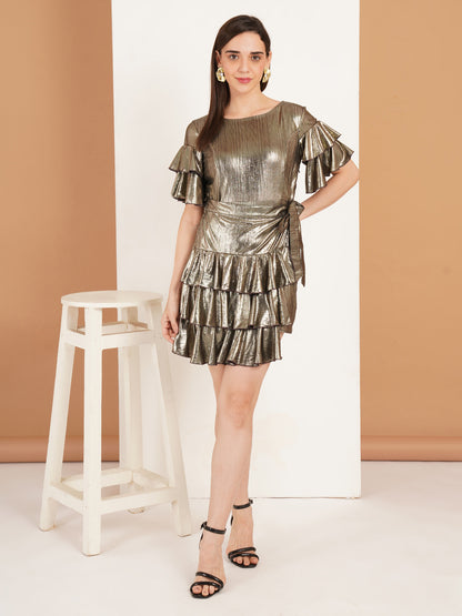 Golden Ruffle Layered Party Dress | Metallic Short Dress for Women