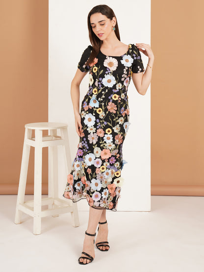 Black Floral Embroidered Midi Dress | Elegant Flower Detail Party Dress for Women