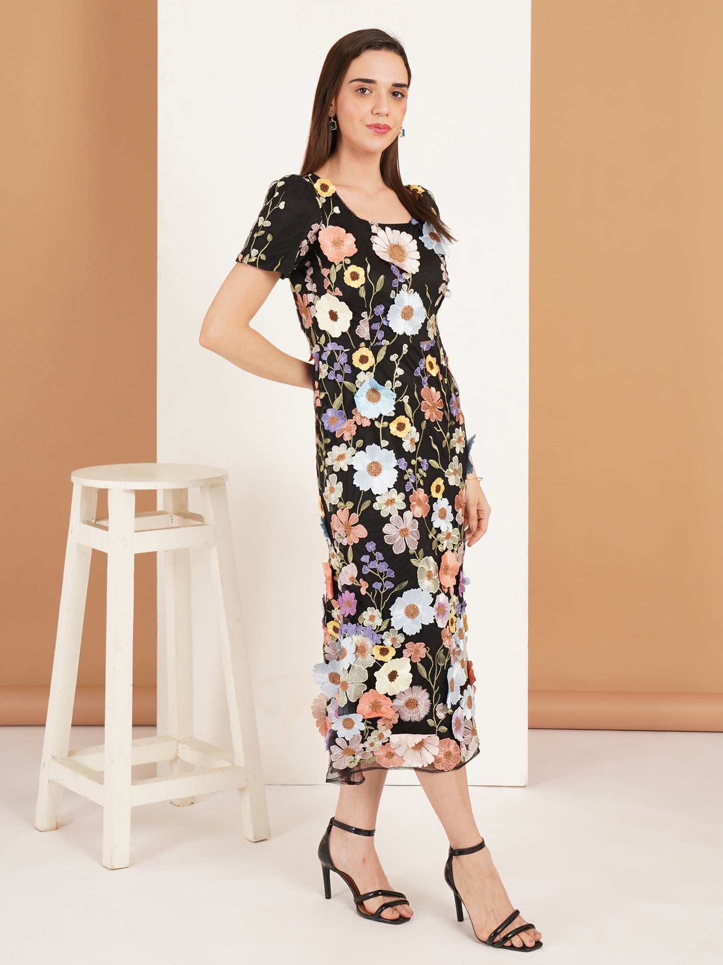 Black Floral Embroidered Midi Dress | Elegant Flower Detail Party Dress for Women