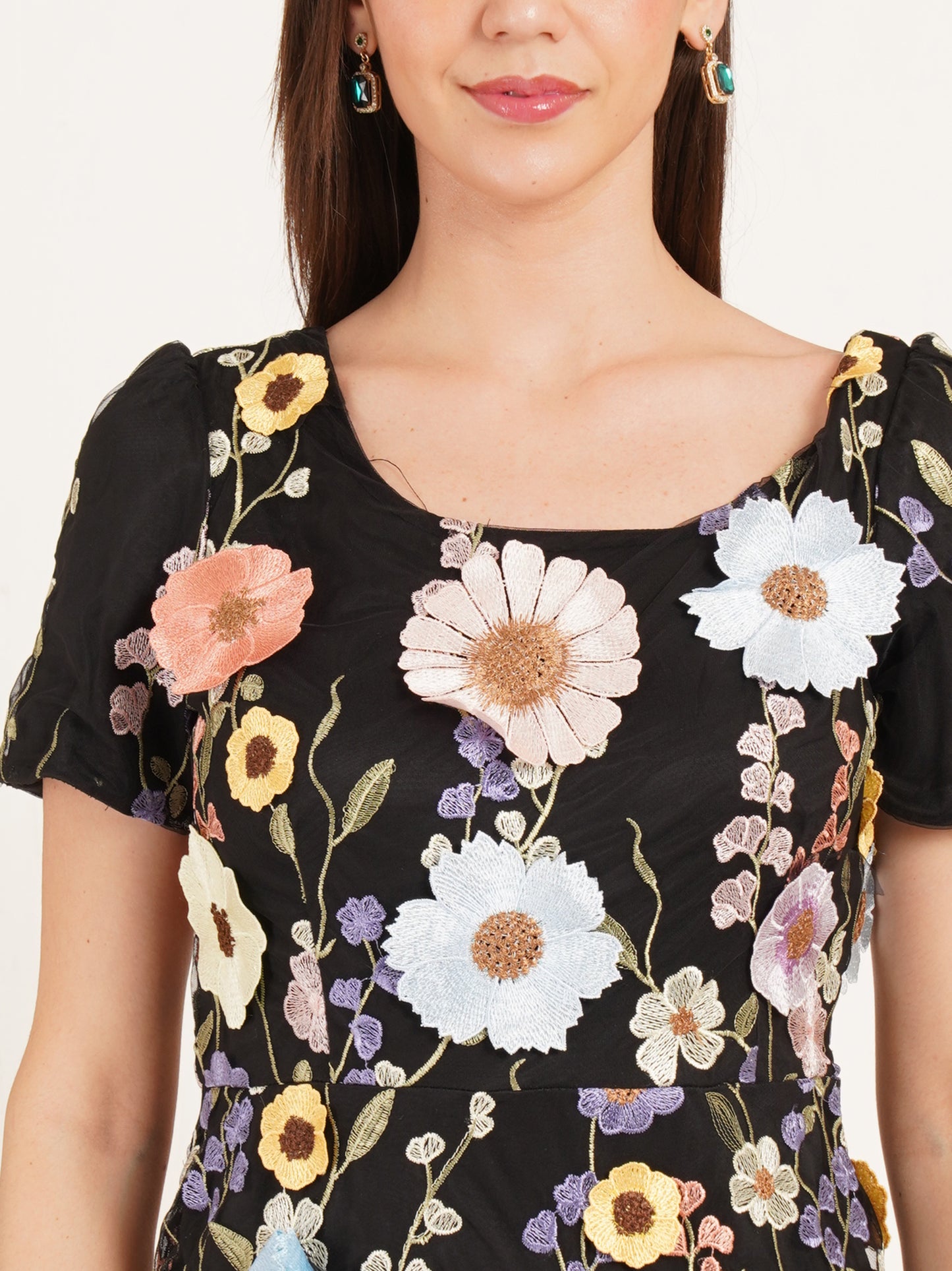 Black Floral Embroidered Midi Dress | Elegant Flower Detail Party Dress for Women