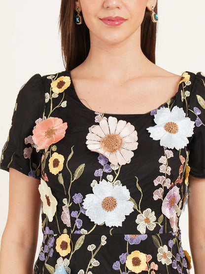 Black Floral Embroidered Midi Dress | Elegant Flower Detail Party Dress for Women
