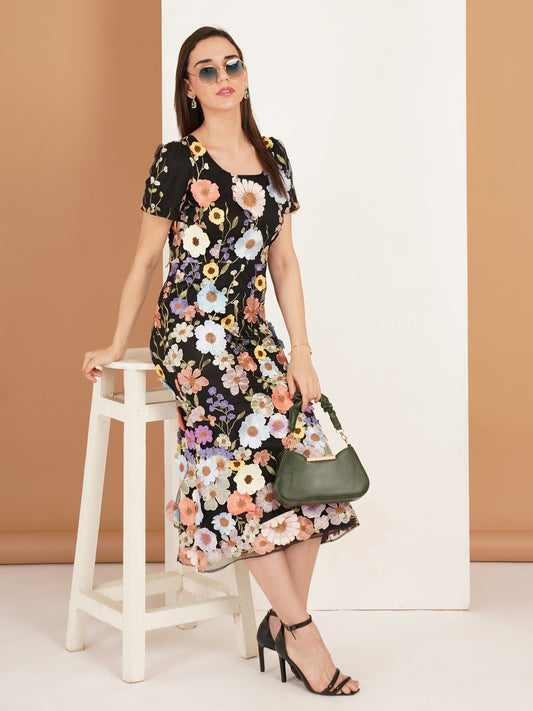 Black Floral Embroidered Midi Dress | Elegant Flower Detail Party Dress for Women