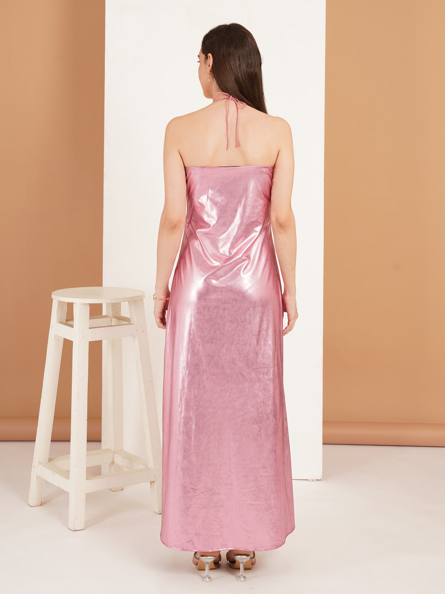 Pink Metallic Maxi Dress | Halter Neck Long Party Dress for Women