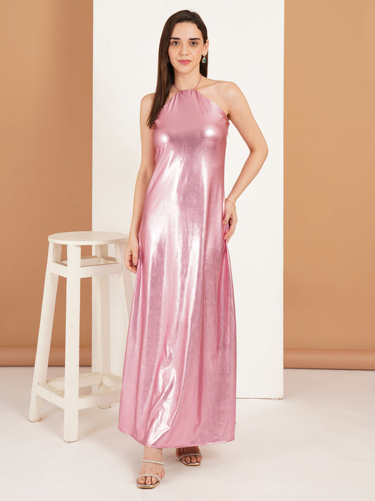 Pink Metallic Maxi Dress | Halter Neck Long Party Dress for Women