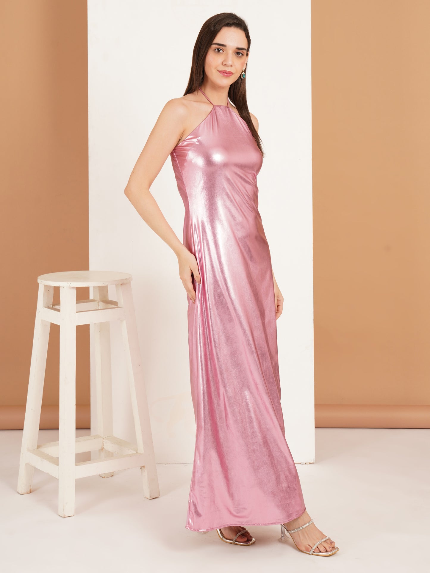 Pink Metallic Maxi Dress | Halter Neck Long Party Dress for Women