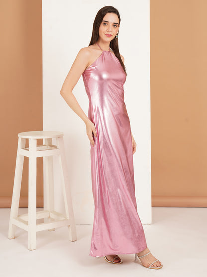 Pink Metallic Maxi Dress | Halter Neck Long Party Dress for Women