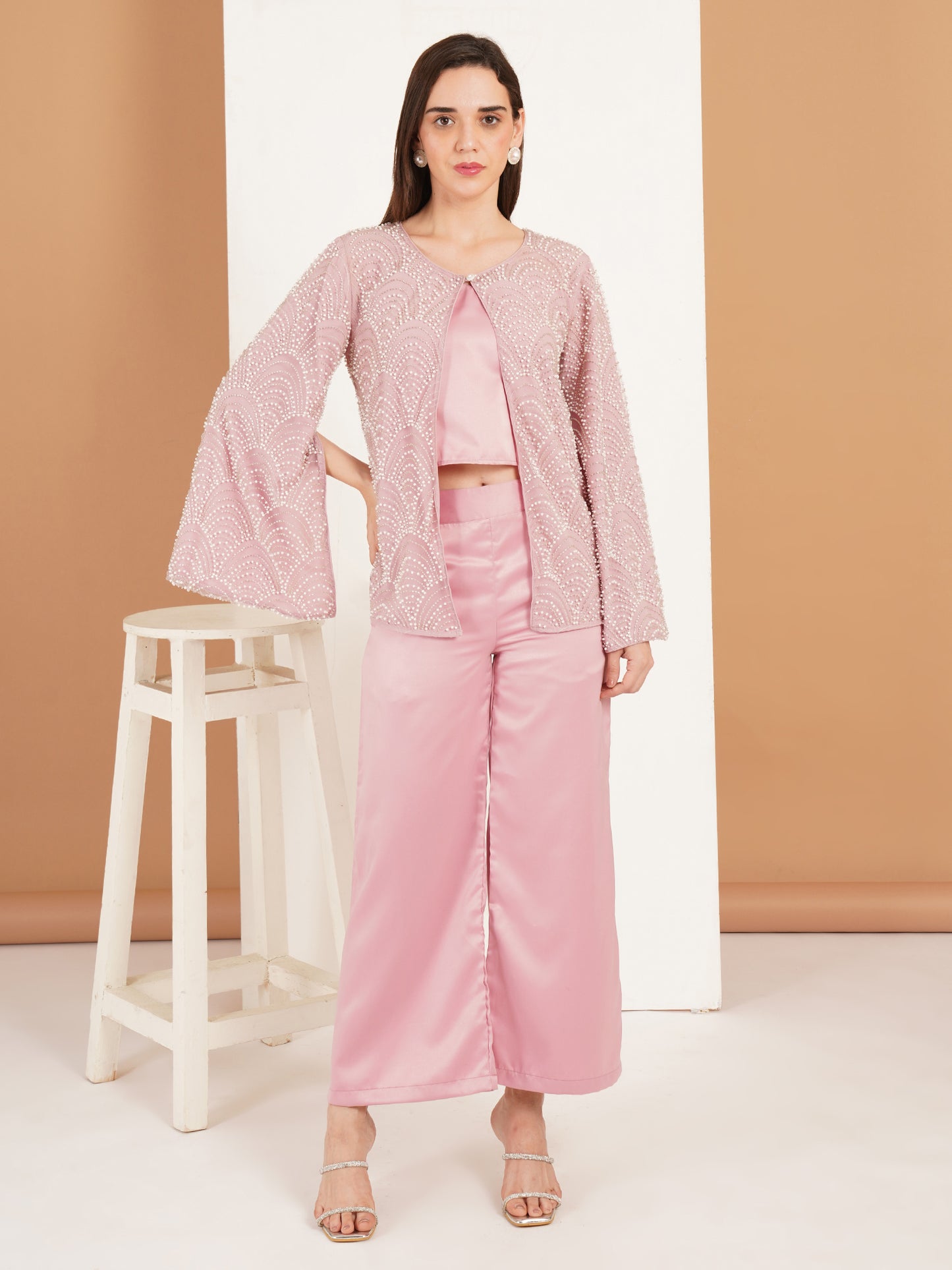 Pink Pearl Embellished Three Piece Co-Ord Set for Women – Designer Festive & Party Wear