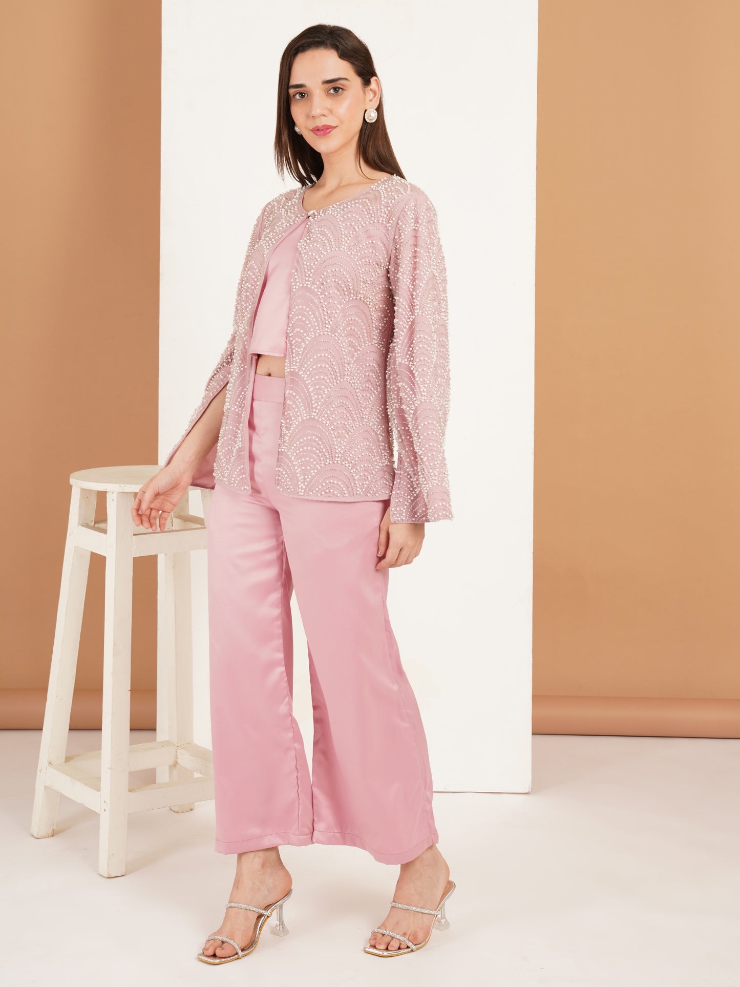 Pink Pearl Embellished Three Piece Co-Ord Set for Women – Designer Festive & Party Wear