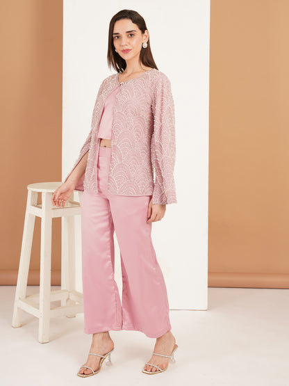 Pink Pearl Embellished Three Piece Co-Ord Set for Women – Designer Festive & Party Wear