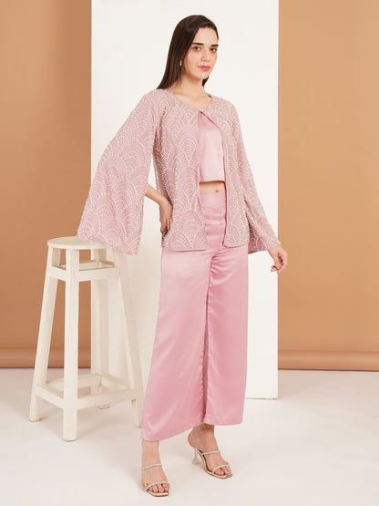 Pink Pearl Embellished Three Piece Co-Ord Set for Women – Designer Festive & Party Wear