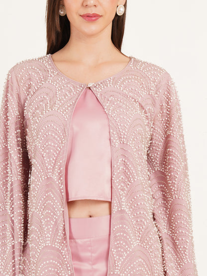 Pink Pearl Embellished Three Piece Co-Ord Set for Women – Designer Festive & Party Wear