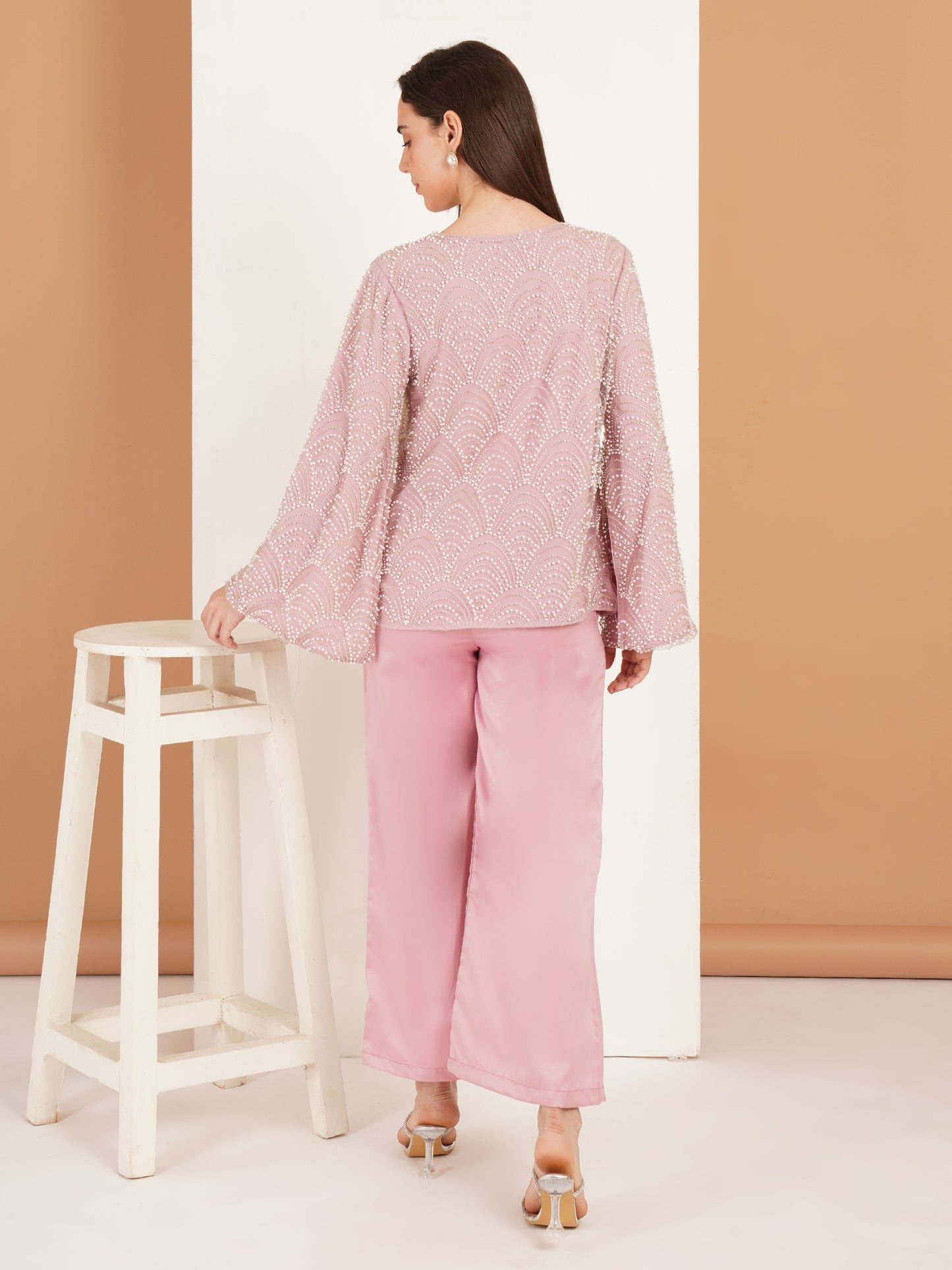 Pink Pearl Embellished Three Piece Co-Ord Set for Women – Designer Festive & Party Wear