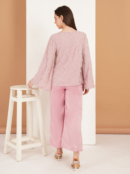 Pink Pearl Embellished Three Piece Co-Ord Set for Women – Designer Festive & Party Wear